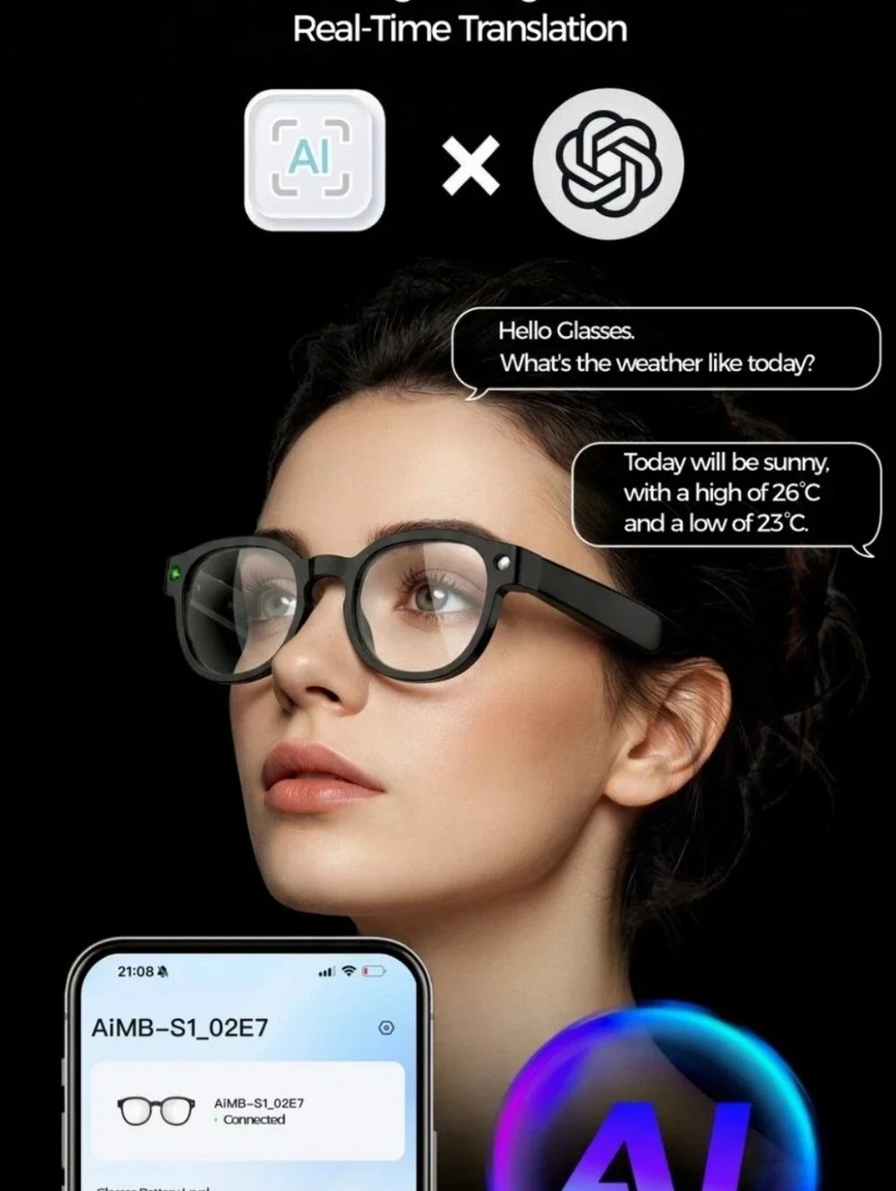 AIMB-S1 Smart Glasses with Camera Anti-shake 1080P Video/Audio AI Translation